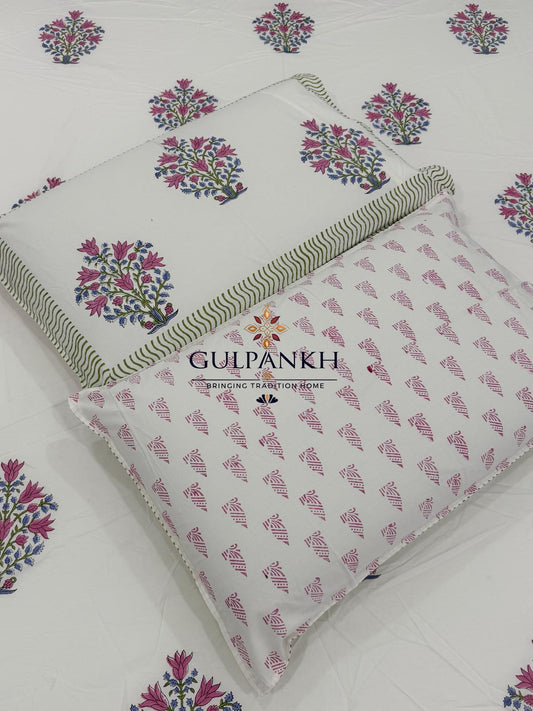 Hand Block Printed Queen Fitted Bedsheet - Pink Meadow Buta | Gulpankh Canada