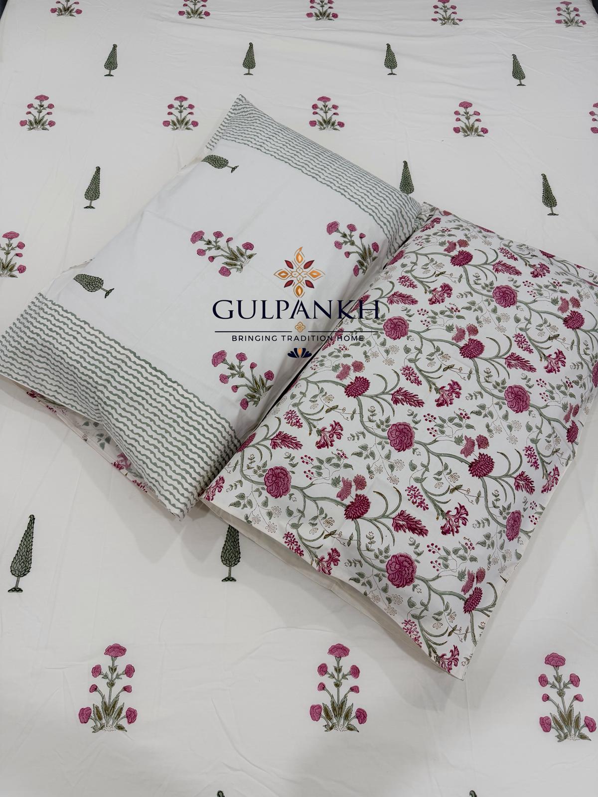 Hand Block Printed King Fitted Bedsheet - Gulnaar Cypress Bloom | Gulpankh Canada