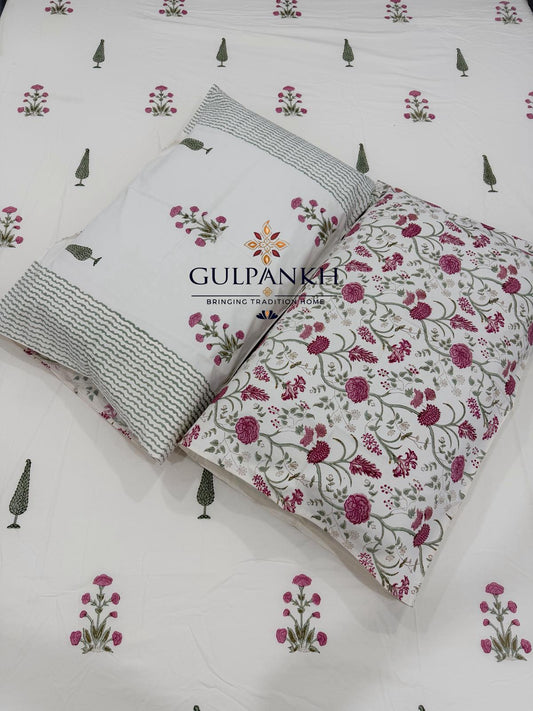 Hand Block Printed King Fitted Bedsheet - Gulnaar Cypress Bloom | Gulpankh Canada