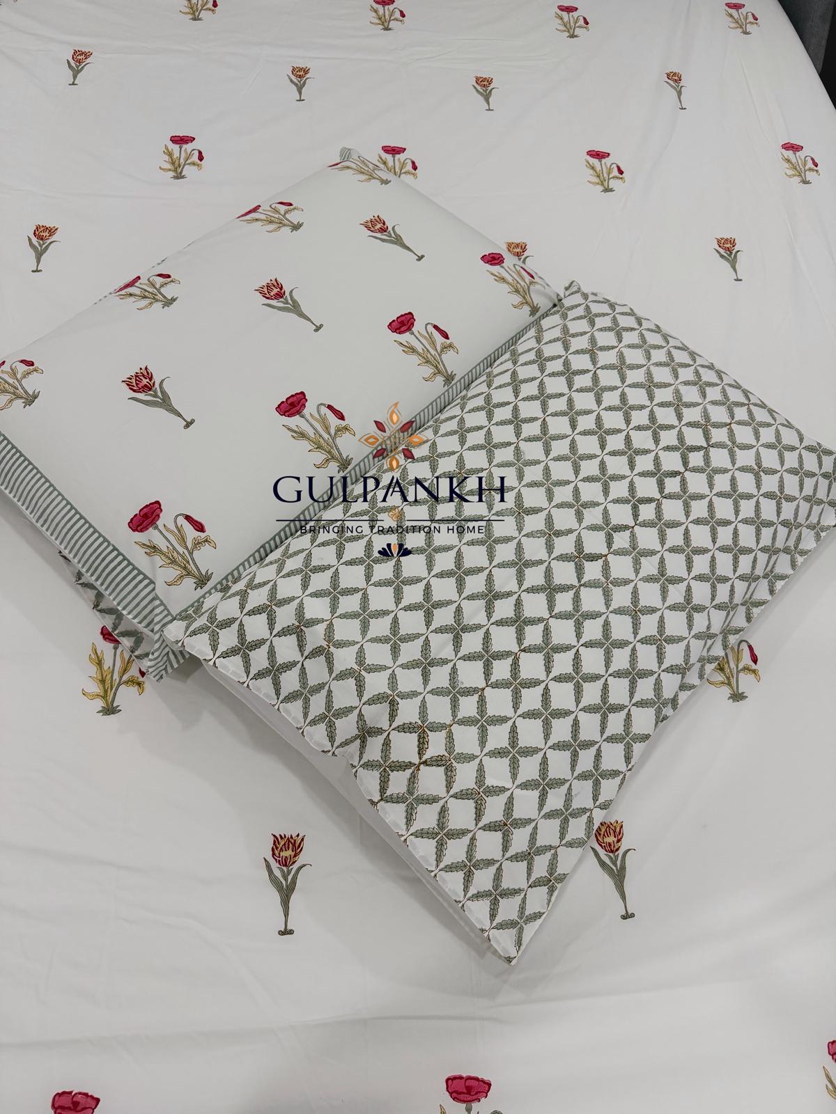 Hand Block Printed King Fitted Bedsheet - Gulab Noor Buta | Gulpankh Canada