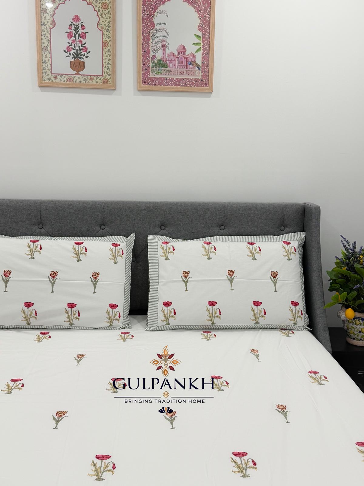 Hand Block Printed King Fitted Bedsheet - Gulab Noor Buta | Gulpankh Canada