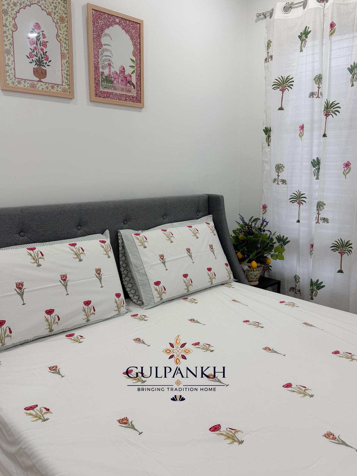 Hand Block Printed King Fitted Bedsheet - Gulab Noor Buta | Gulpankh Canada