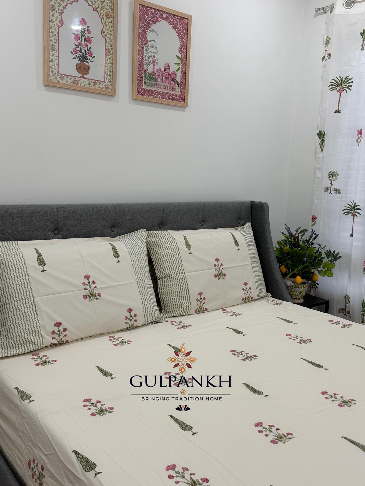 Hand Block Printed King Fitted Bedsheet - Gulnaar Cypress Bloom | Gulpankh Canada
