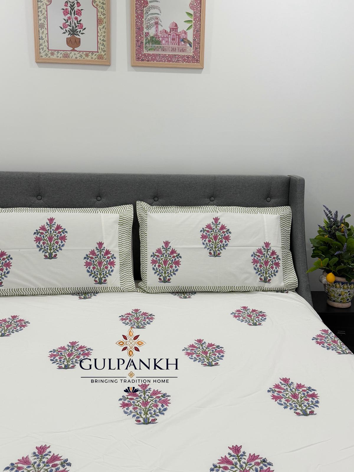 Hand Block Printed Queen Fitted Bedsheet - Pink Meadow Buta | Gulpankh Canada