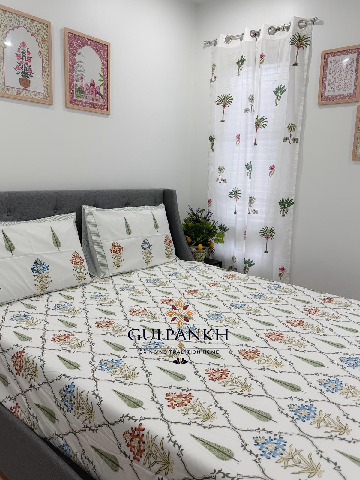 Hand Block Printed King Fitted Bedsheet - Gulmohar Jaal | Gulpankh Canada