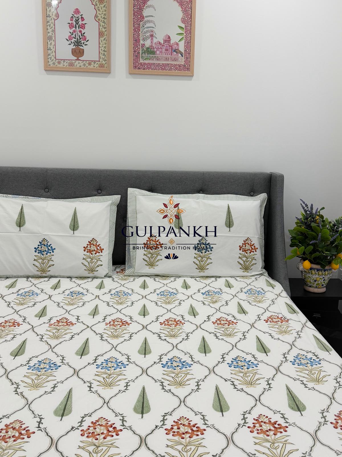 Hand Block Printed King Fitted Bedsheet - Gulmohar Jaal | Gulpankh Canada