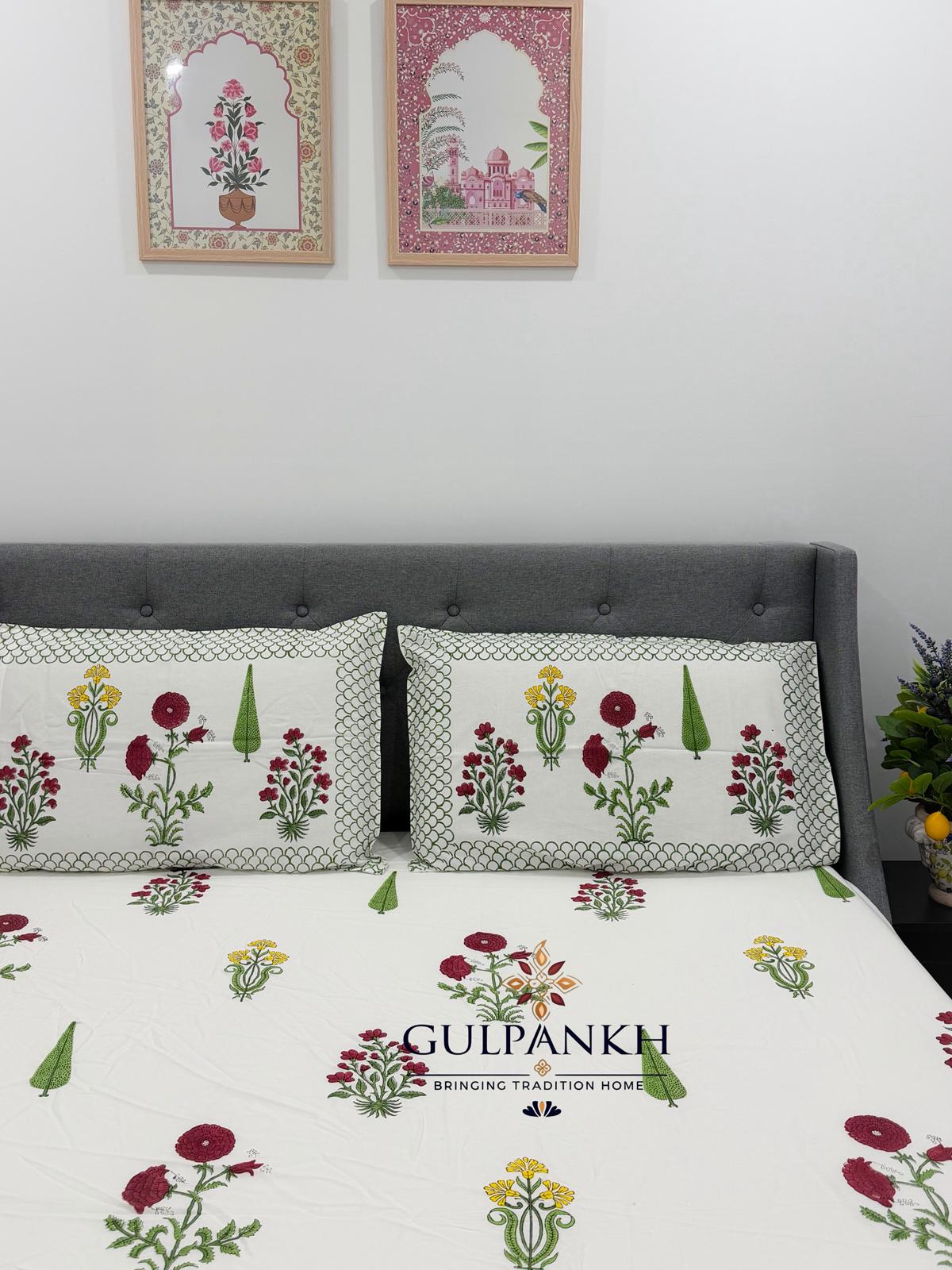 Hand Block Printed King Fitted Bedsheet - Firdaus Floral Garden | Gulpankh Canada