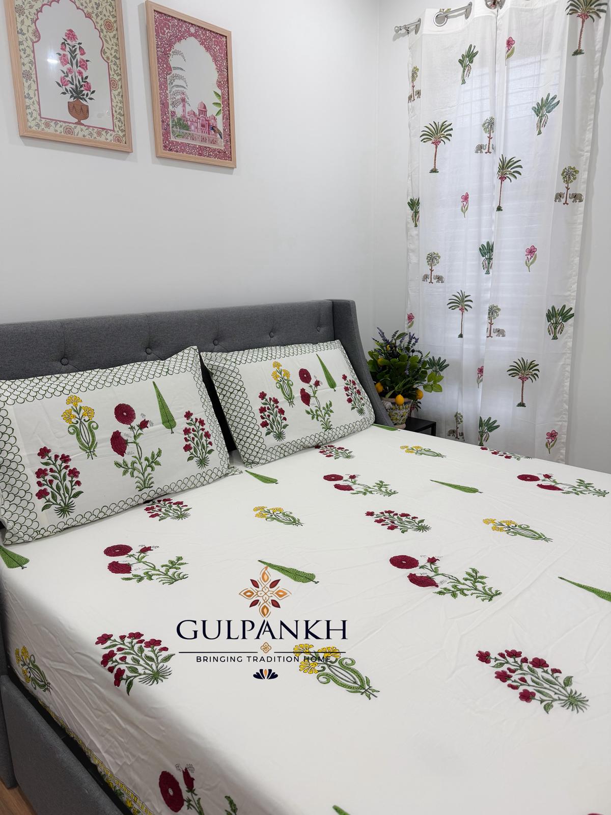 Hand Block Printed King Fitted Bedsheet - Firdaus Floral Garden | Gulpankh Canada
