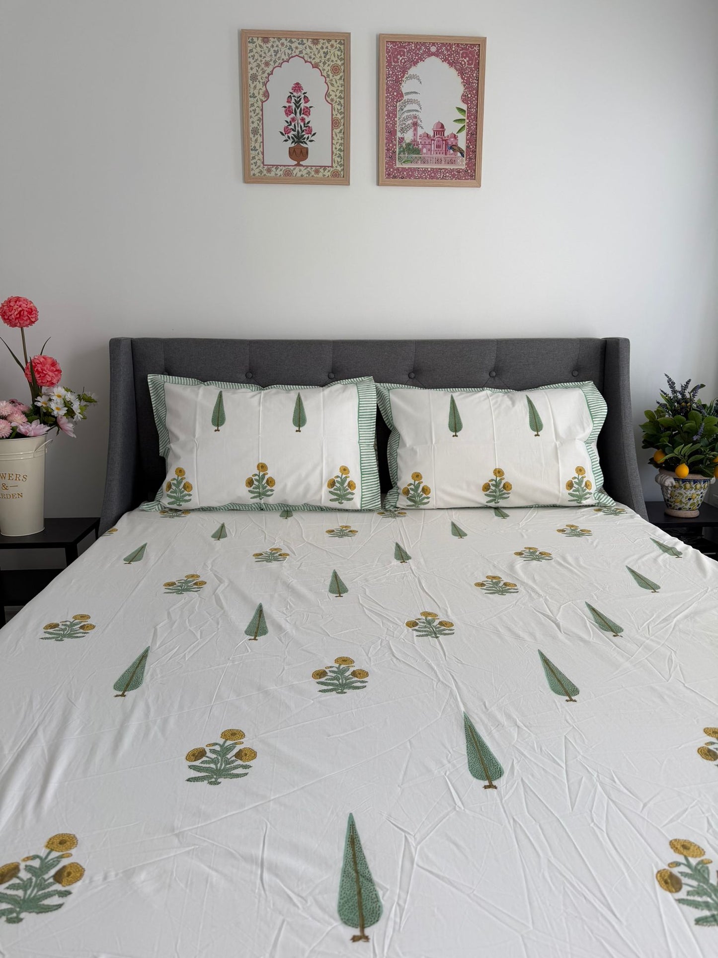 Hand Block Printed Queen Fitted Bedsheet - Marigold Cypress Meadow | Gulpankh Canada