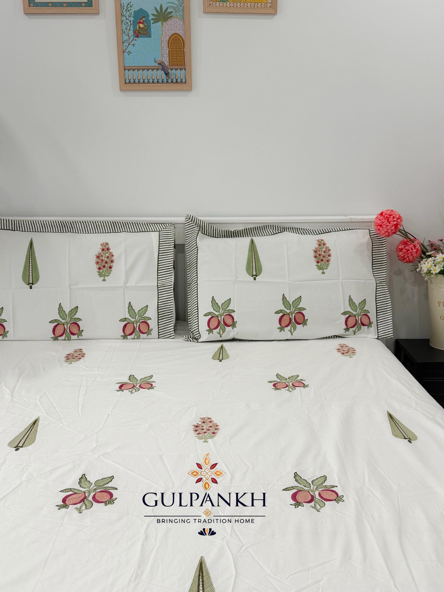 Hand Block Printed Queen Fitted Bedsheet - Anar Vatika Bloom | Gulpankh Canada