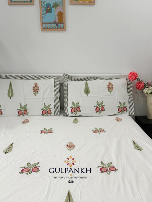 Hand Block Printed Double Fitted Bedsheet - Anar Vatika Bloom | Gulpankh Canada