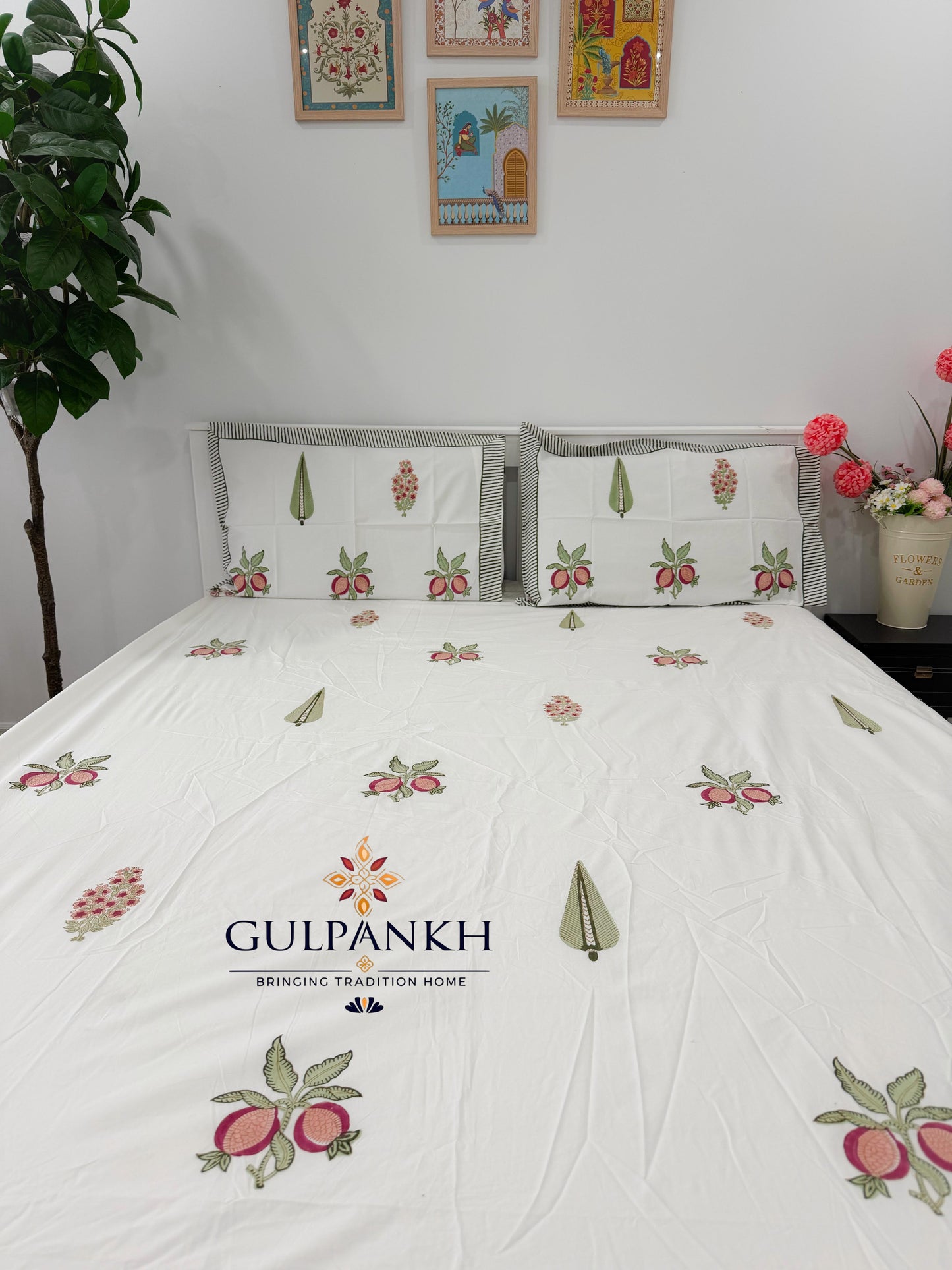 Hand Block Printed Queen Fitted Bedsheet - Anar Vatika Bloom | Gulpankh Canada