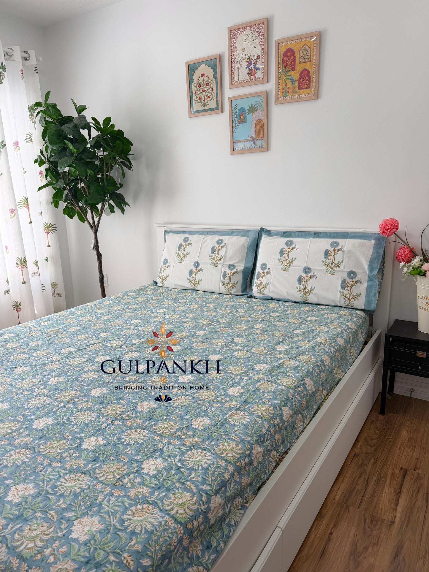 Hand Block Printed Queen Fitted Bedsheet - Neel Kamal Garden | Gulpankh Canada