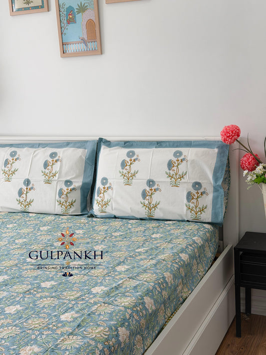 Hand Block Printed Queen Fitted Bedsheet - Neel Kamal Garden | Gulpankh Canada
