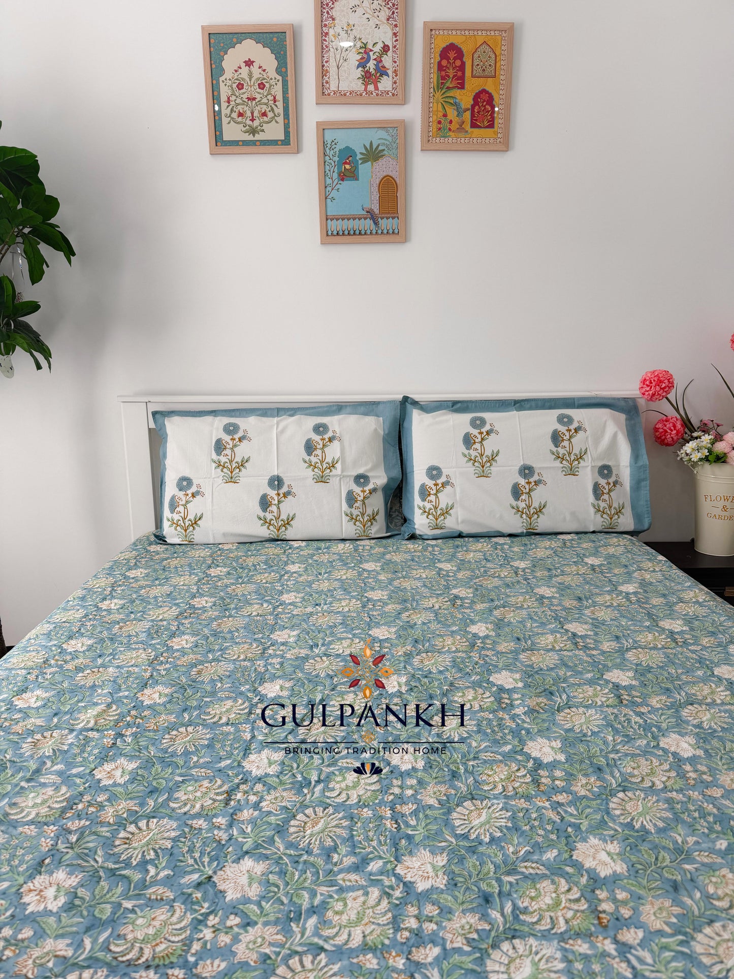 Hand Block Printed Queen Fitted Bedsheet - Neel Kamal Garden | Gulpankh Canada