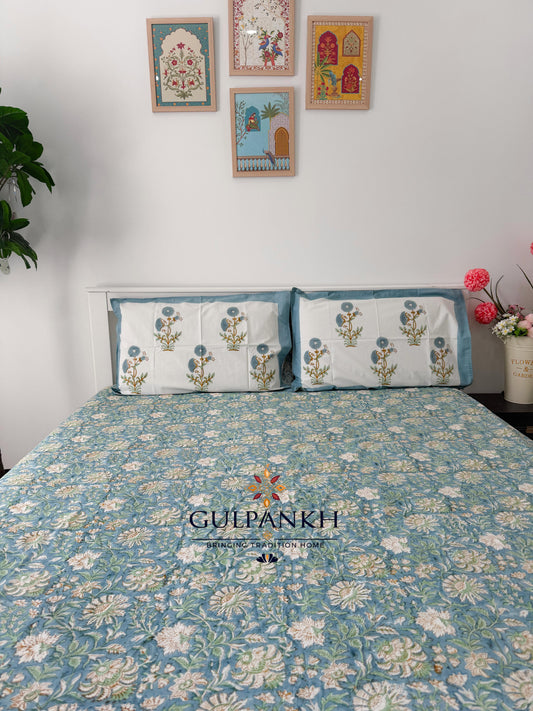 Hand Block Printed Queen Fitted Bedsheet - Neel Kamal Garden | Gulpankh Canada