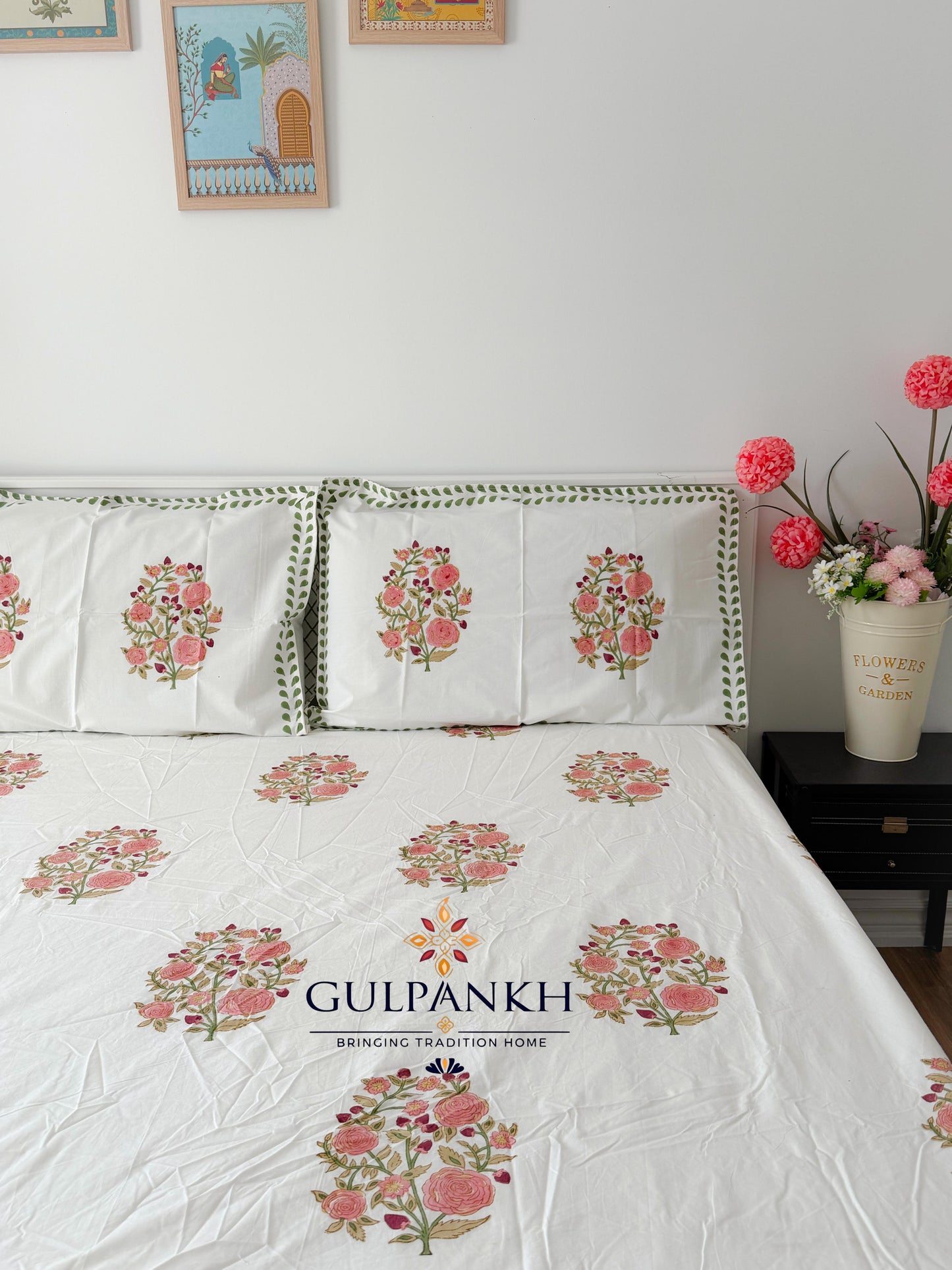 Hand Block Printed Queen Fitted Bedsheet - Gulab Rosette Garden | Gulpankh Canada