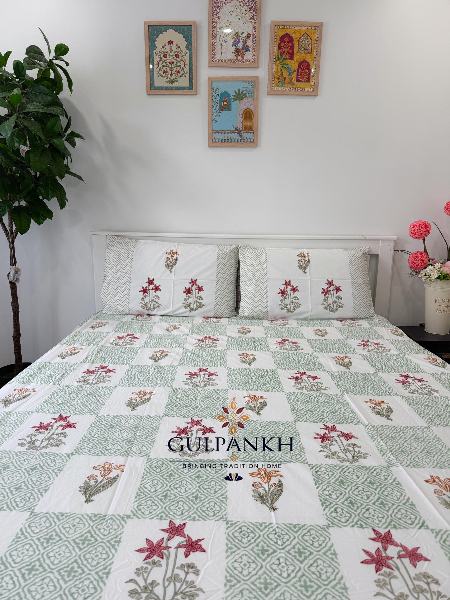 Hand Block Printed Queen Fitted Bedsheet - Gulnaar Spring Meadow | Gulpankh Canada