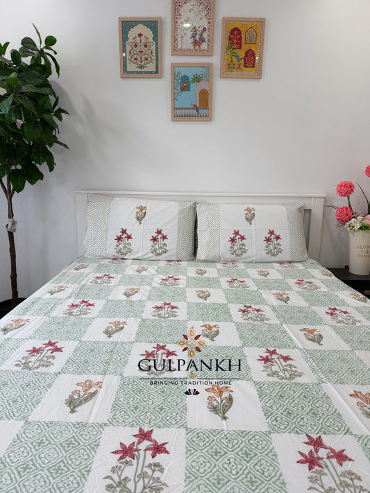 Hand Block Printed Queen Fitted Bedsheet - Gulnaar Spring Meadow | Gulpankh Canada