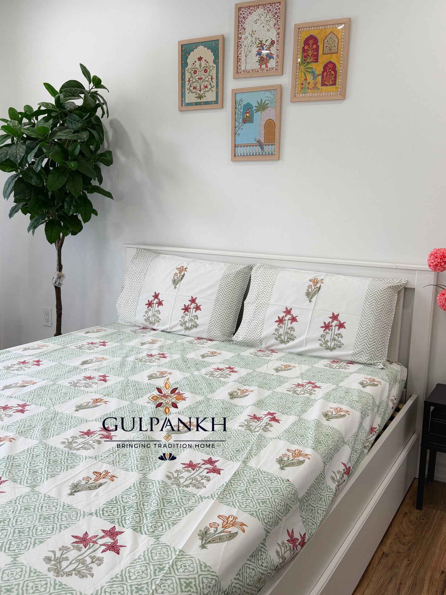 Hand Block Printed Queen Fitted Bedsheet - Gulnaar Spring Meadow | Gulpankh Canada