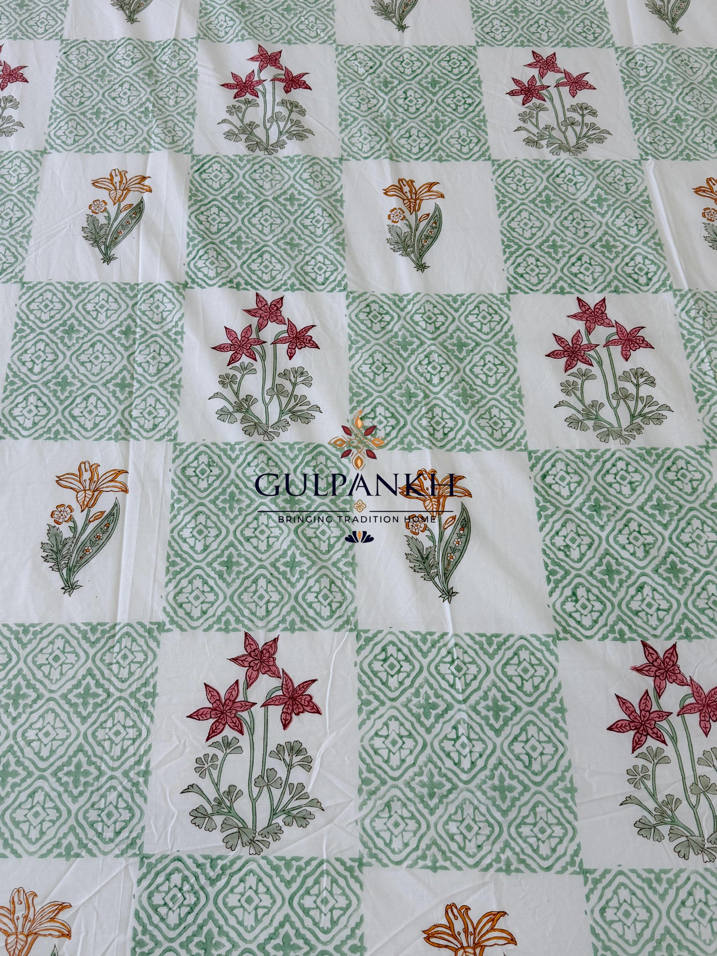 Hand Block Printed Queen Fitted Bedsheet - Gulnaar Spring Meadow | Gulpankh Canada