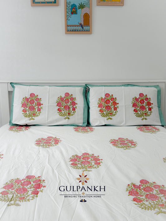 Hand Block Printed 100% Cotton King Fitted Bedsheet - Rose Mint Bloom | Gulpankh Canada
