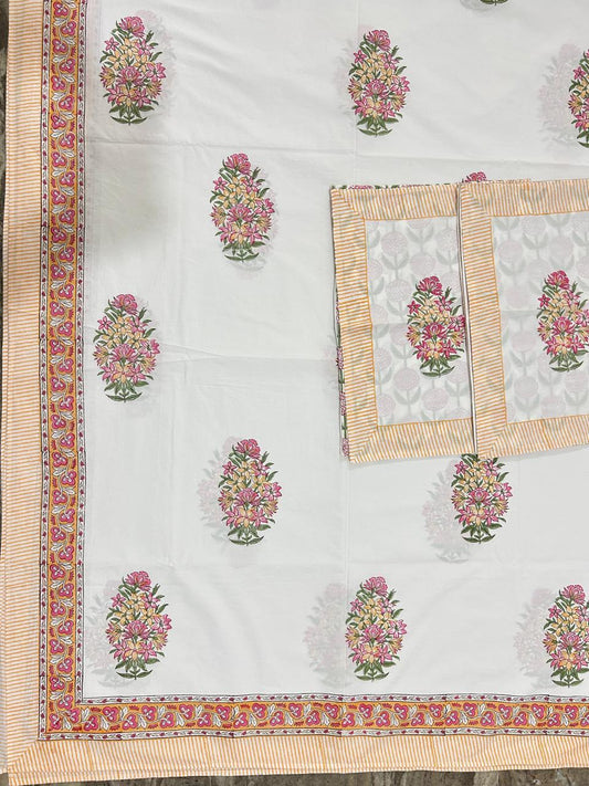 Hand Block Printed Queen Flat Sheet - Gulabi Basant Garden | Gulpankh Canada