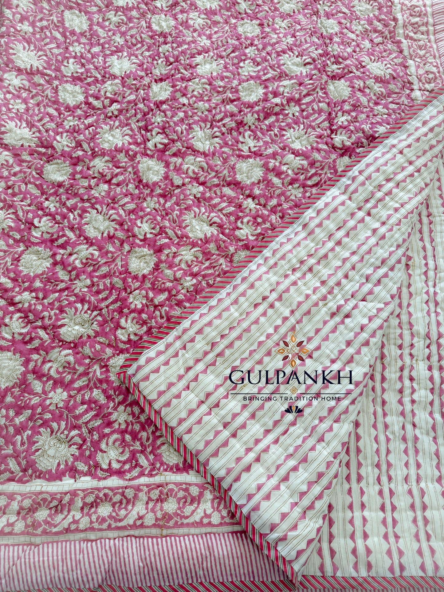 Hand Block Printed Cotton Quilt - Rosé Gulbahar | Gulpankh Canada