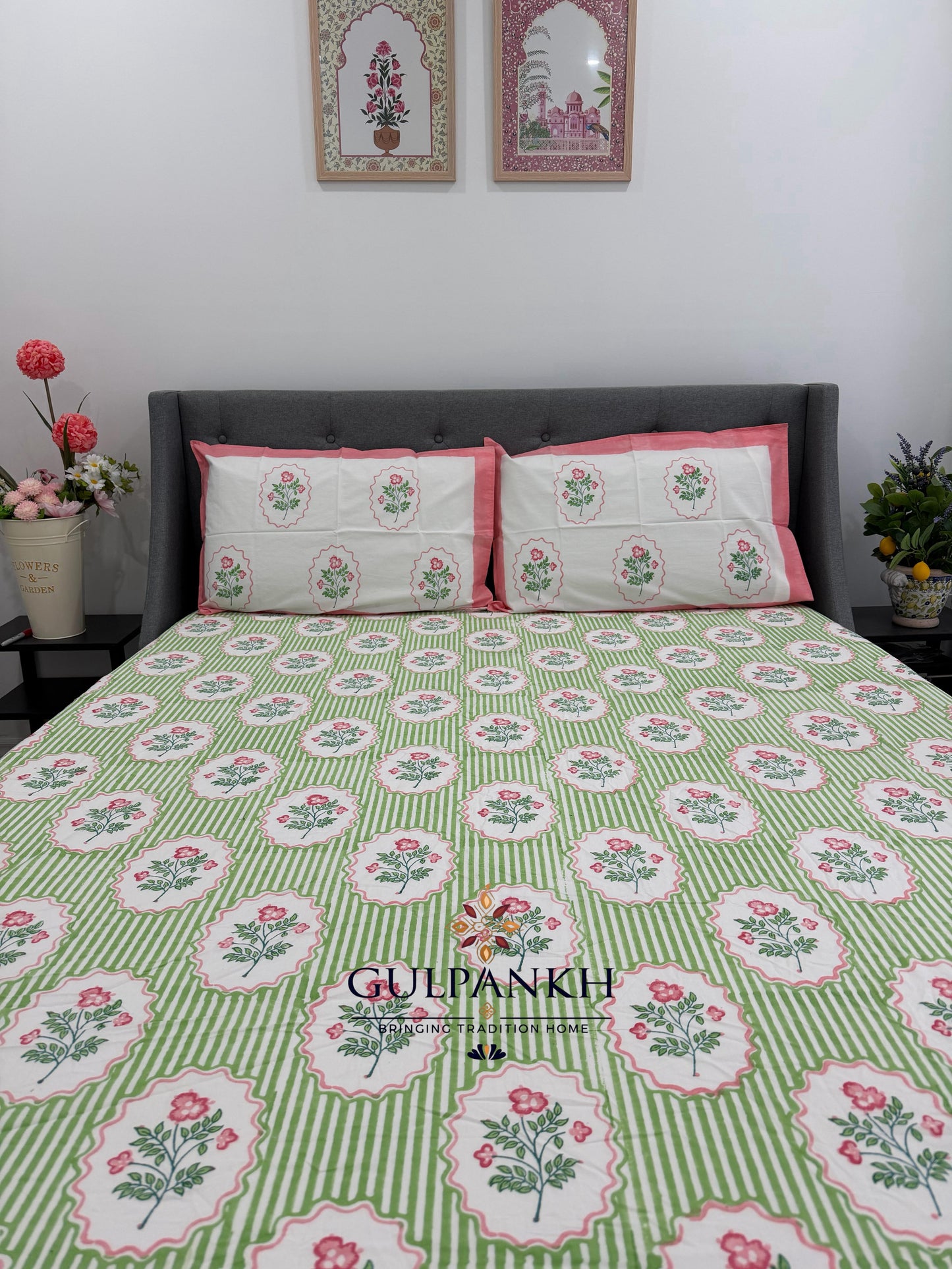 Spring Garden Hand Block Printed Fitted Bedsheet | Gulpankh Canada
