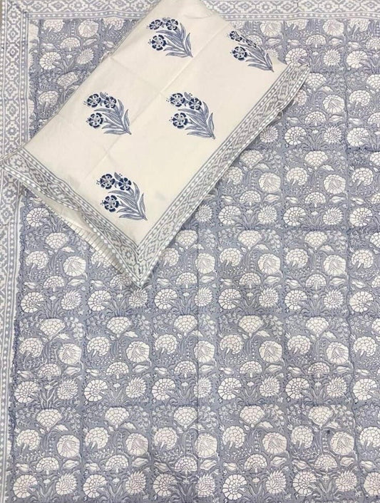 Hand Block Printed Twin Fitted Bedsheet - Silver Blossom Heritage | Gulpankh Canada
