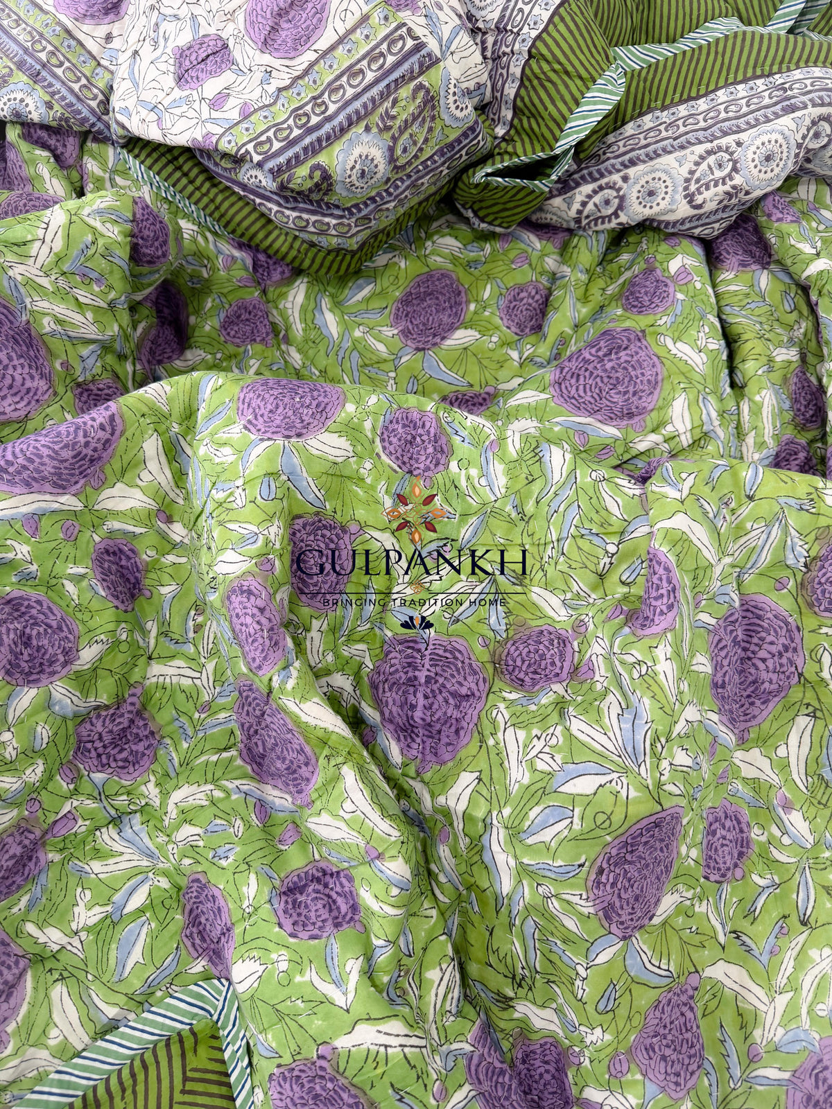Hand Block Printed Reversible Cotton Quilt - Lavender Garden Bloom | Gulpankh Canada