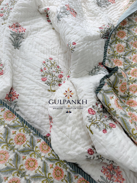 Hand Block Printed Reversible Cotton Quilt - Gulshan-e-Noor | Gulpankh Canada