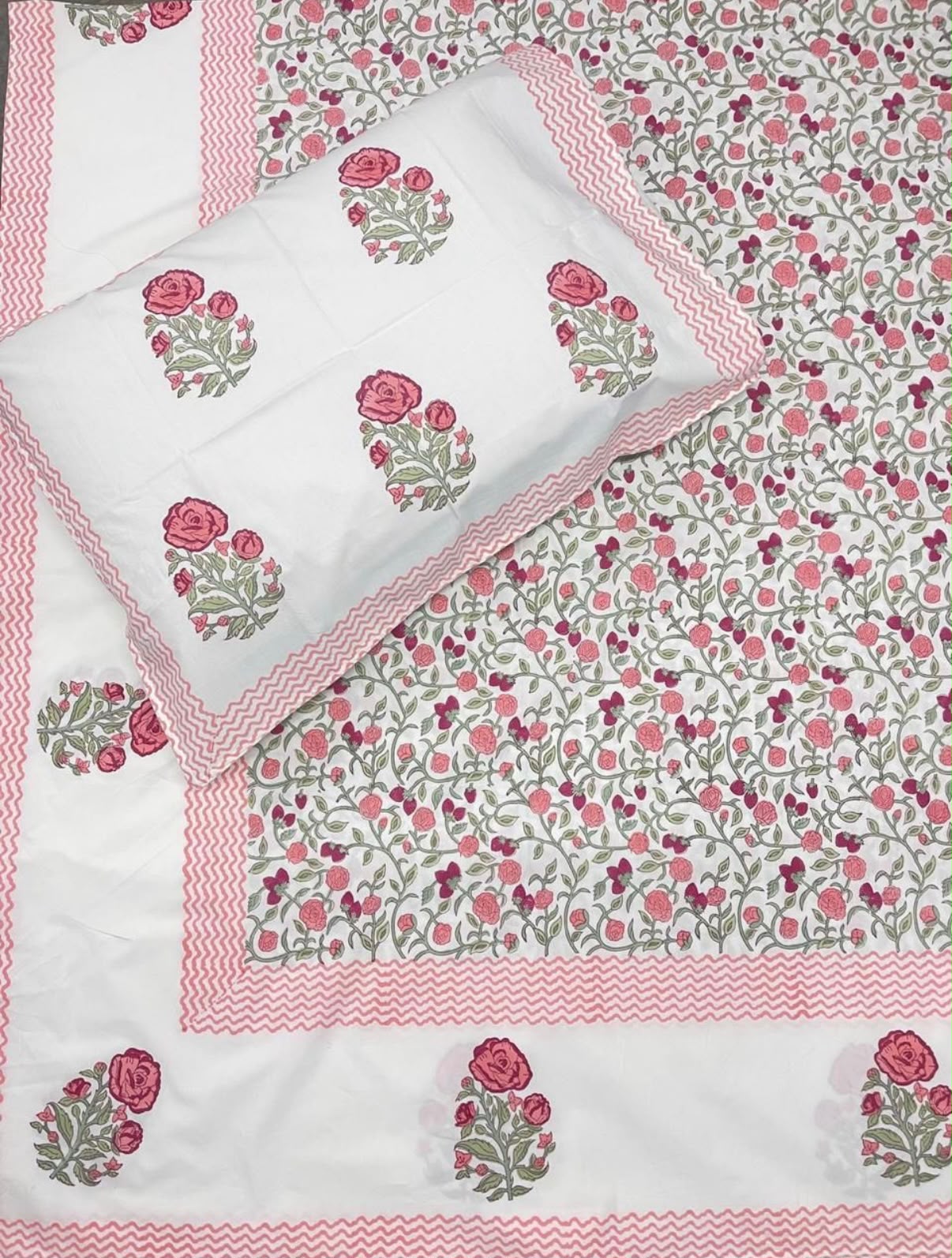 Hand Block Printed Queen Fitted Bedsheet - Rosé Gulzar | Gulpankh Canada