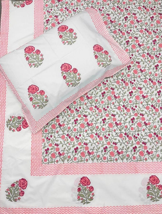 Hand Block Printed Queen Fitted Bedsheet - Rosé Gulzar | Gulpankh Canada