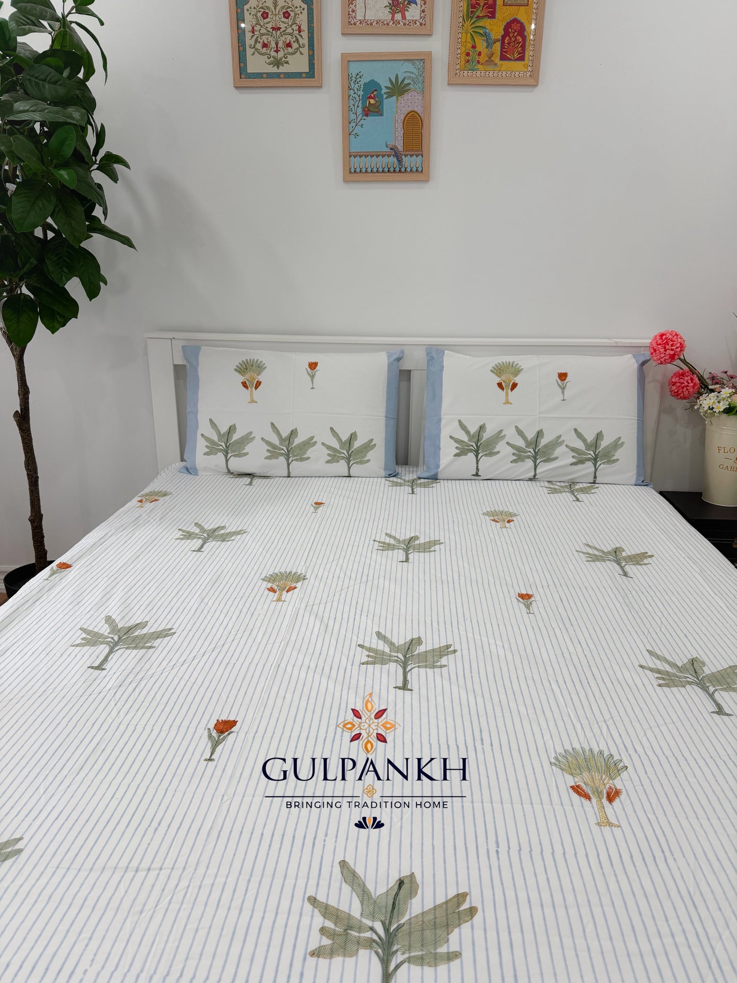 Hand Block Printed King Fitted Bedsheet - Palm Grove Breeze | Gulpankh Canada
