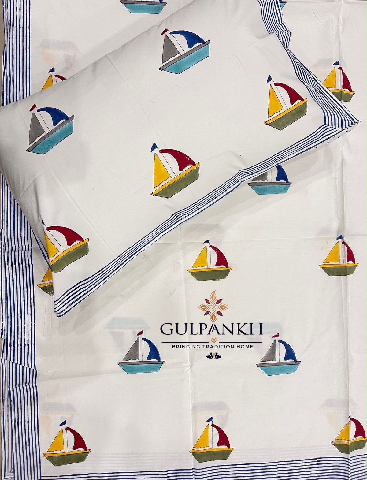 Hand Block Printed Twin Fitted Bedsheet - Little Sailor | Gulpankh Canada