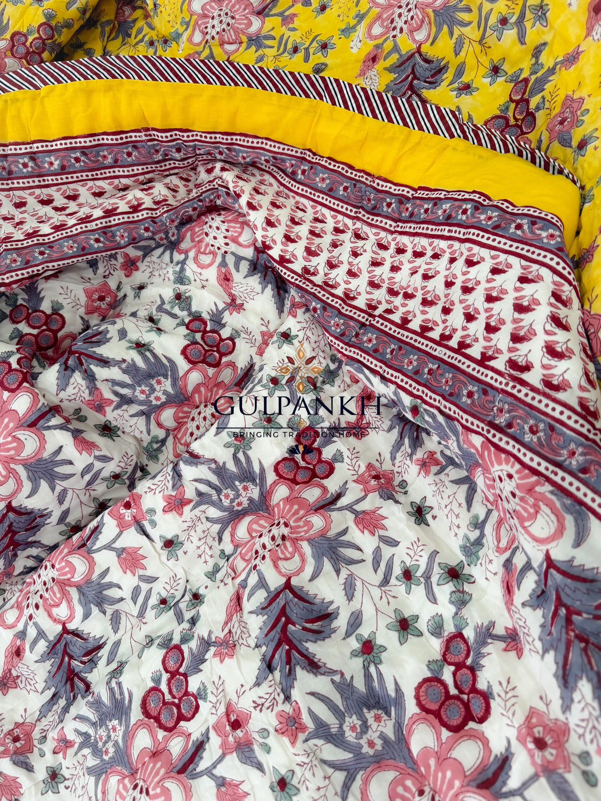 Hand Block Printed Reversible Cotton Quilt - Sunlit Floral Garden | Gulpankh Canada