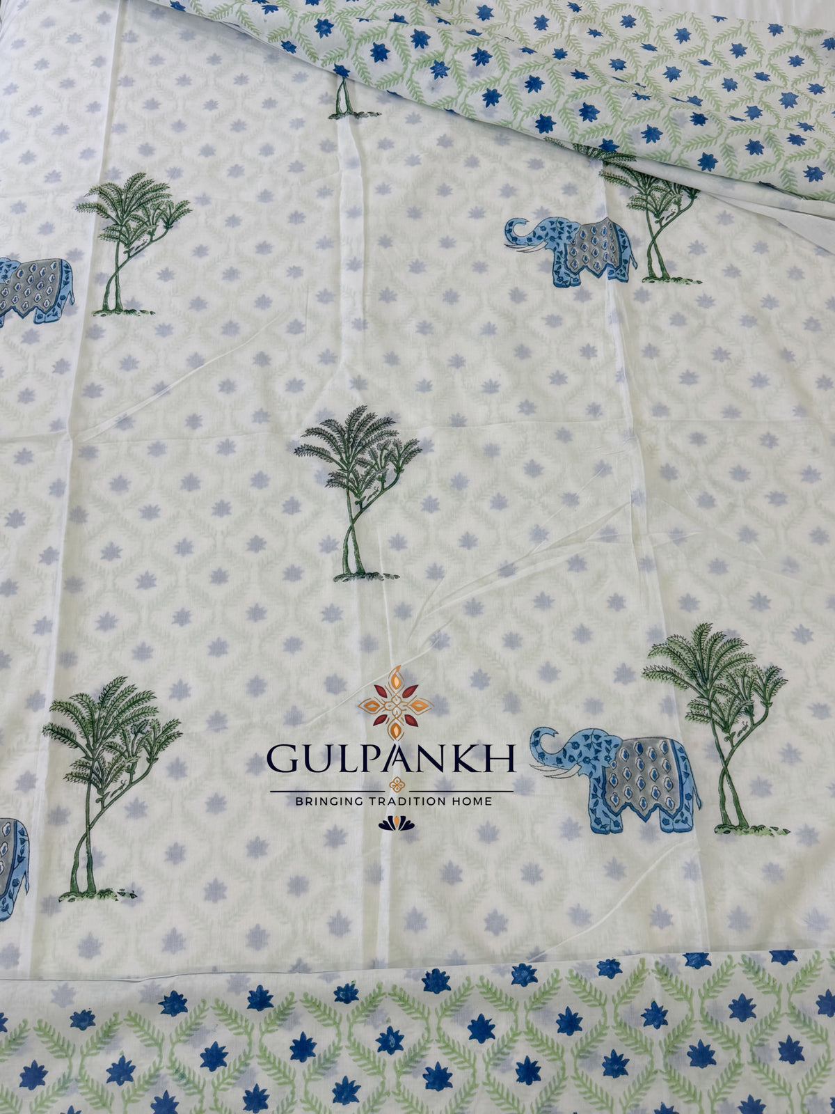 Hand Block Printed 100% Mulmul Cotton King Duvet Cover – Indigo Elephant Grove | Gulpankh Canada