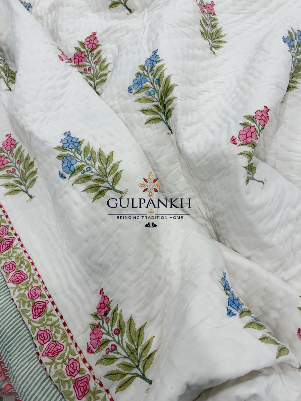 Hand Block Printed Reversible Cotton Quilt - Neel Gul Bahaar | Gulpankh Canada
