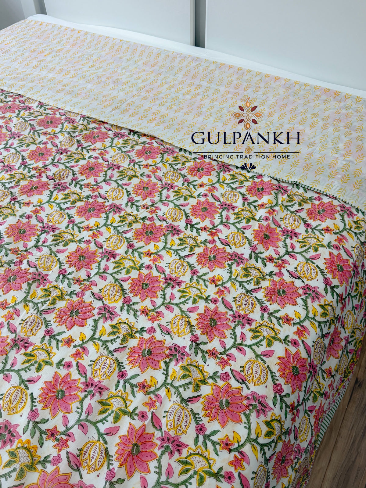 Hand Block Printed 100% Mulmul Cotton King Duvet Cover – Pink Lotus Garden | Gulpankh Canada