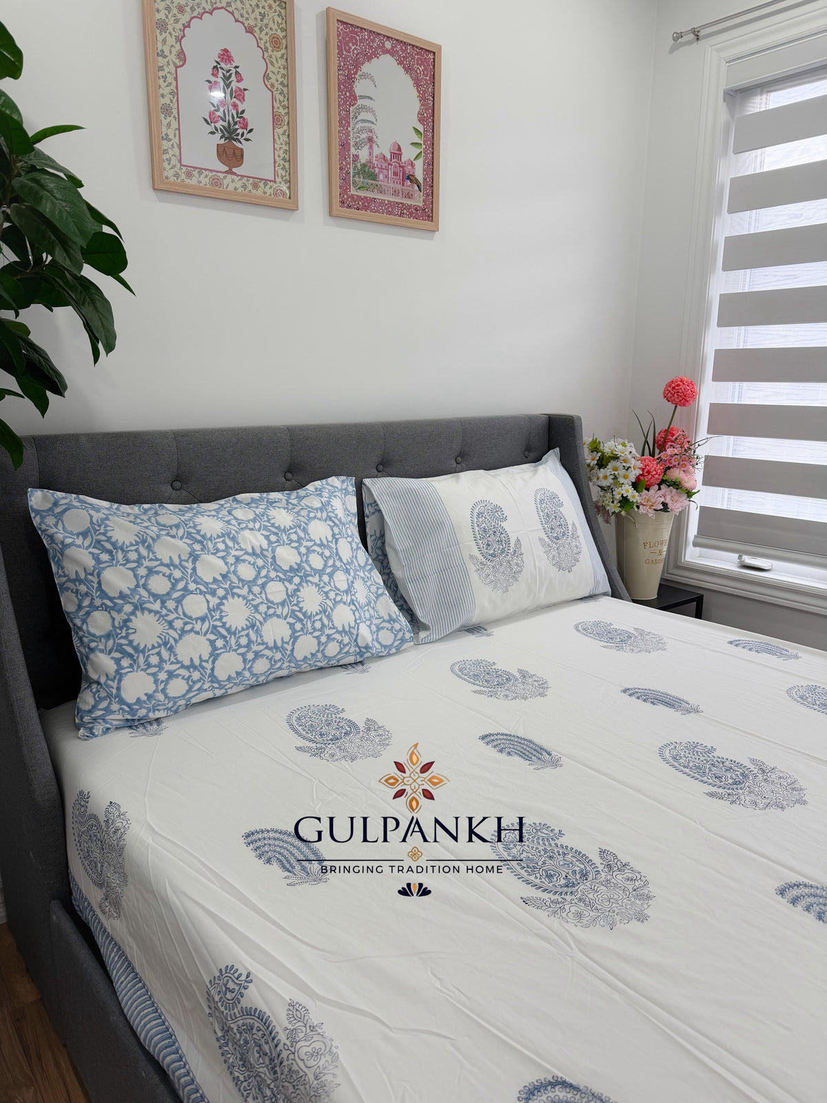 Hand Block Printed King Fitted Bedsheet - Indigo Saaz | Gulpankh Canada