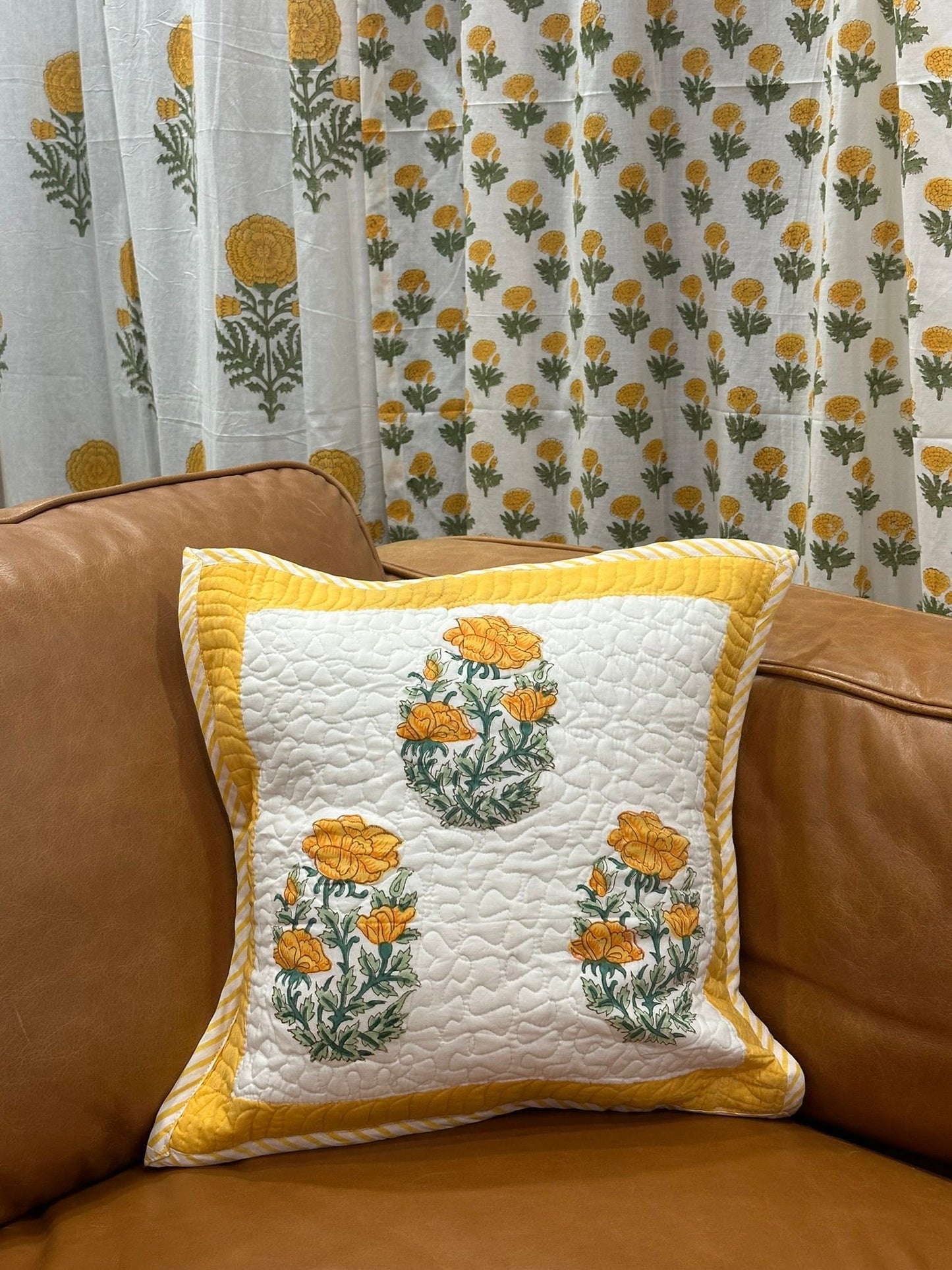 Marigold Bloom Set of Two Hand Block Printed Cushion Covers | Gulpankh Canada