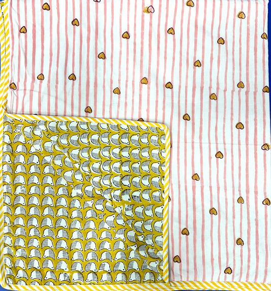 Hand Block Printed Hooded Baby Receiving Blanket – Little Hedgehog Hearts | Gulpankh Canada