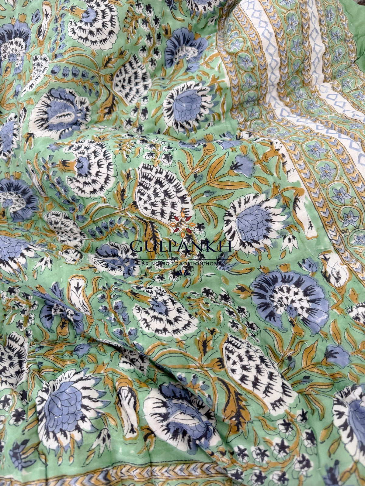 Hand Block Printed Reversible Cotton Quilt - Green Botanical Bloom | Gulpankh Canada