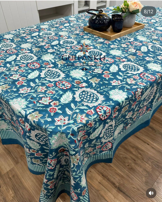 Teal Mughal Garden Hand Block Printed Cotton Tablecloth | Gulpankh Canada