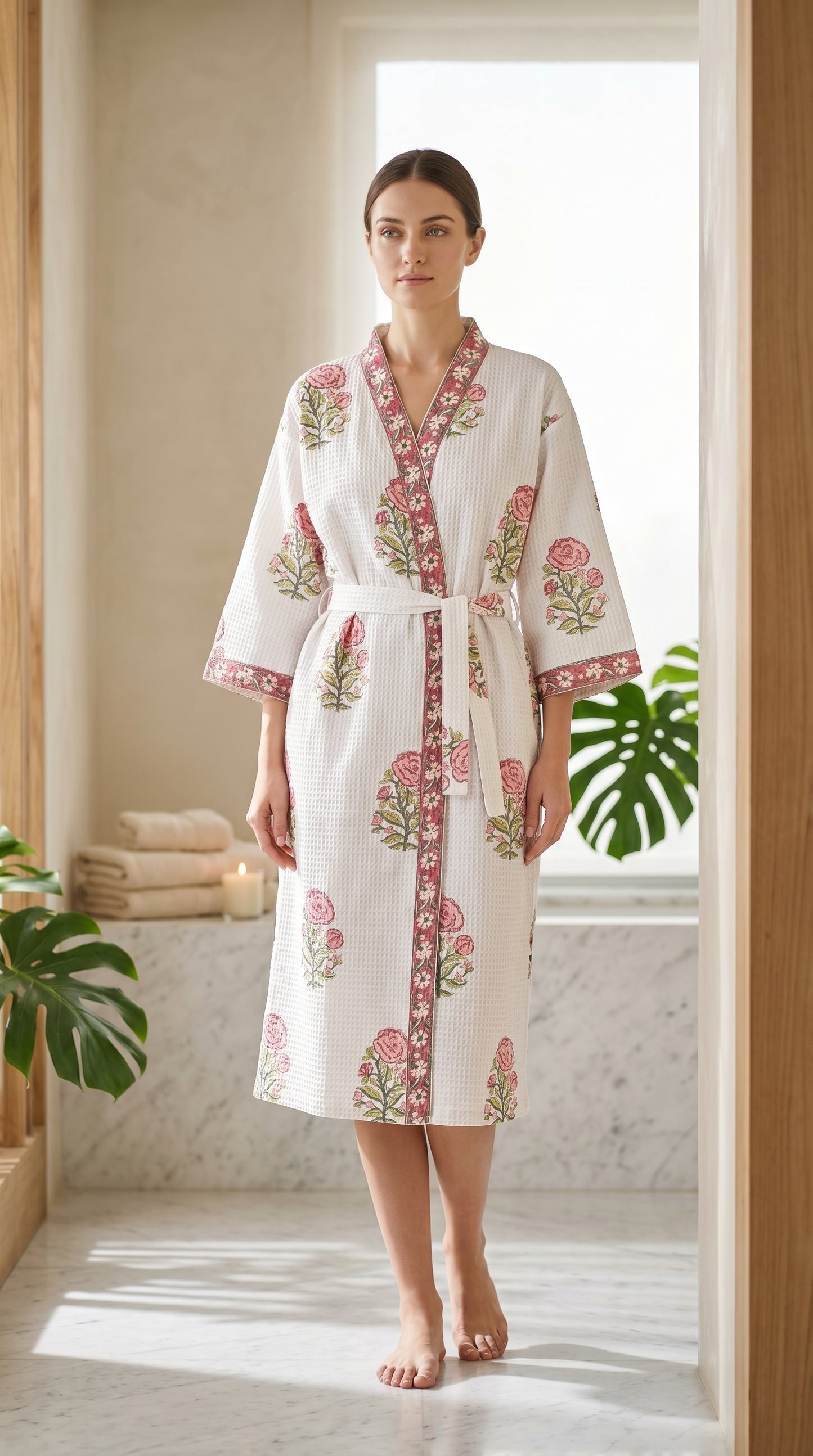 Phoolkari Blush Hand Block Printed Waffle Cotton Bathrobe – Cotton Spa Robe | Gulpankh Canada