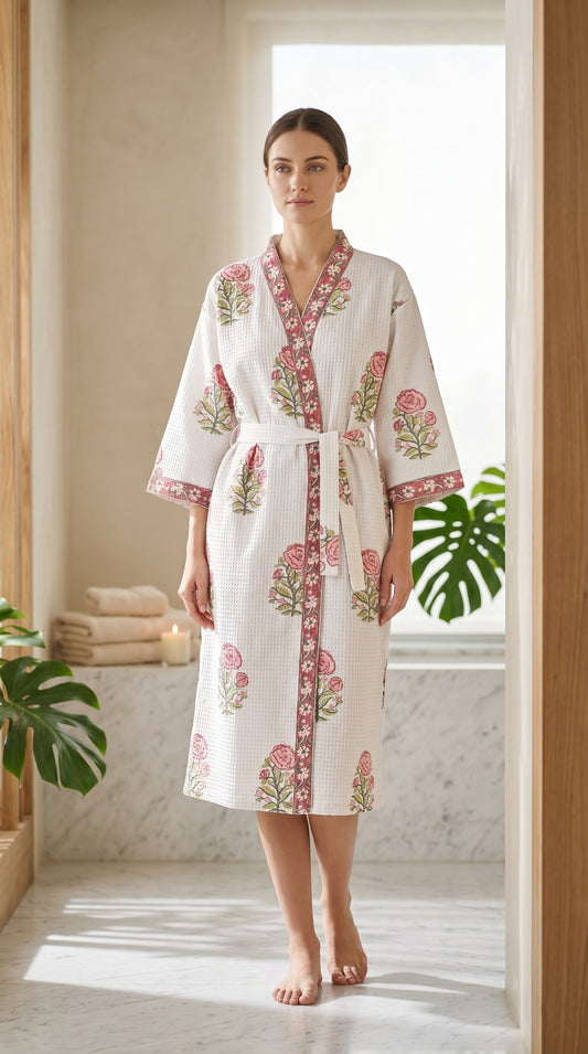 Phoolkari Blush Hand Block Printed Waffle Cotton Bathrobe – Cotton Spa Robe | Gulpankh Canada