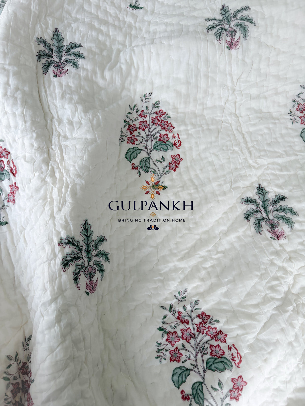 Hand Block Printed Reversible Cotton Quilt - Rose Sage Garden | Gulpankh Canada