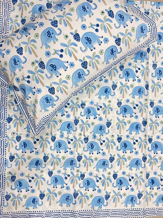 Hand Block Printed Fitted Bedsheet - Little Elephant Parade | Gulpankh Canada
