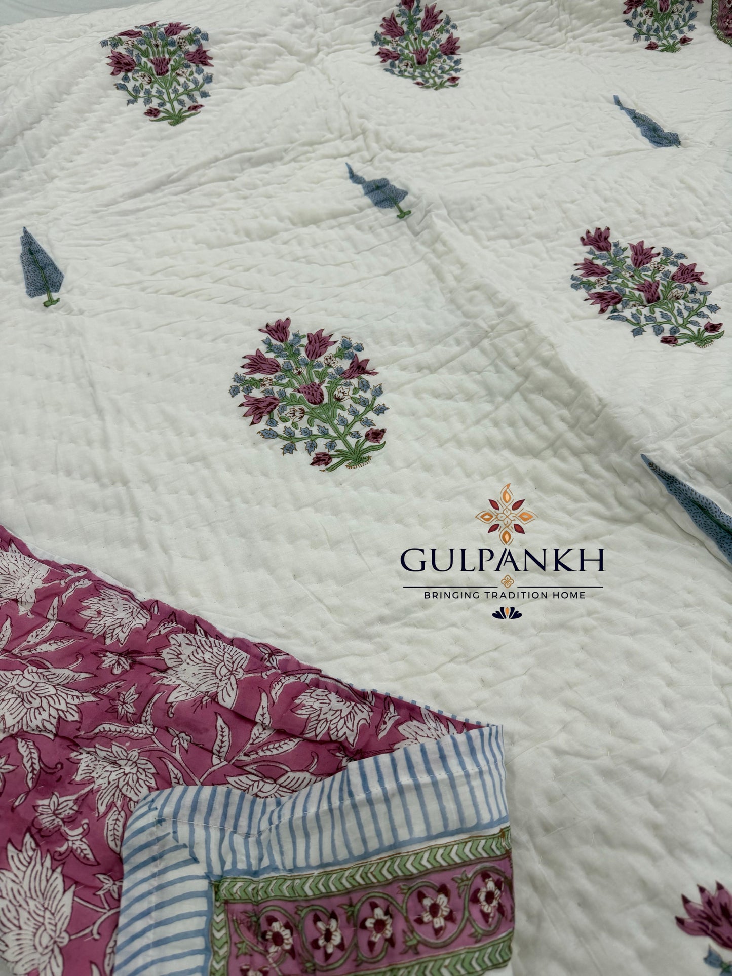 Rose Garden Hand Block Printed Cotton Twin Quilt Set (Set of 2 Quilts) | Gulpankh Canada